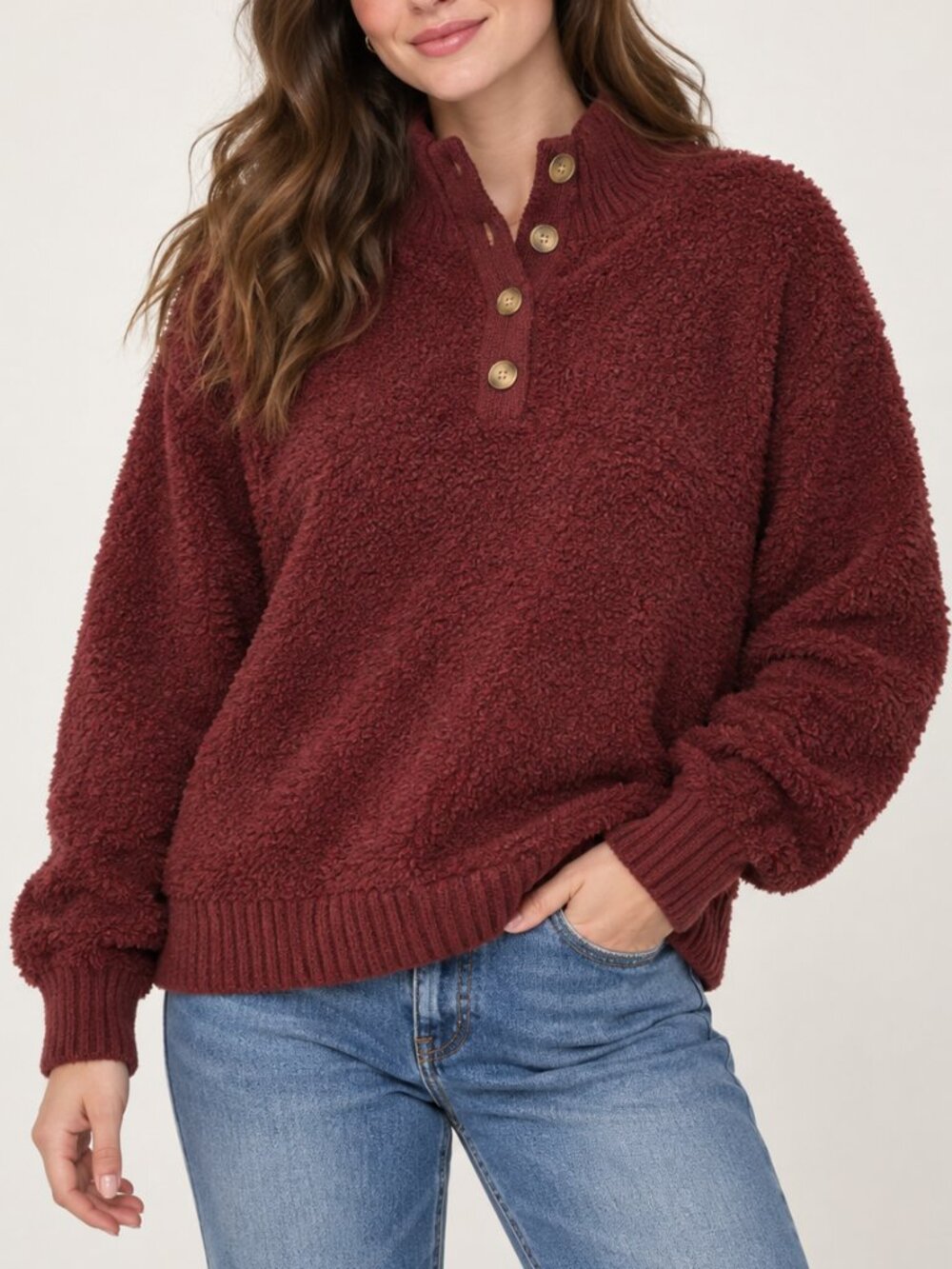 American Eagle Burgundy Fuzzy Sherpa Button Neck Pullover Sweater Large